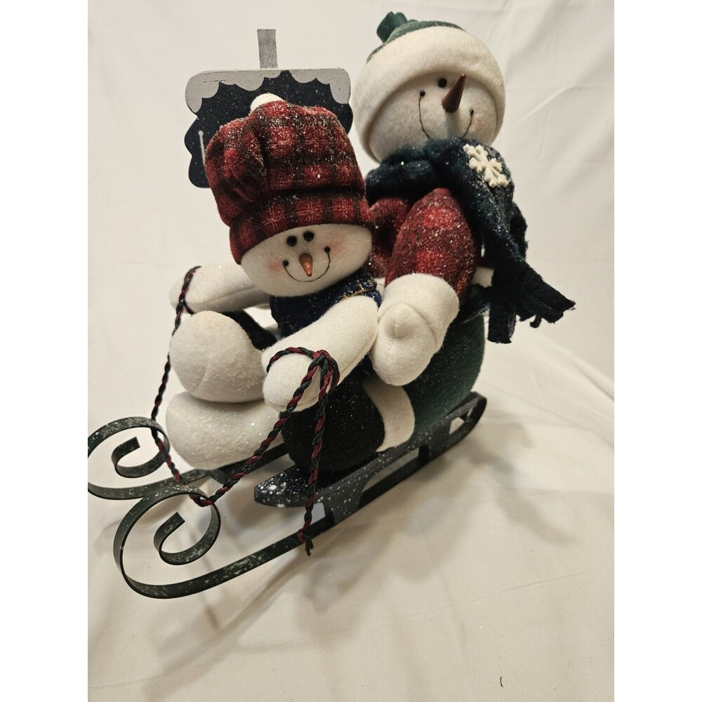 Vintage 2 Snowmen On Metal Sled Winter Holiday Decor 12” By 12” By 6”